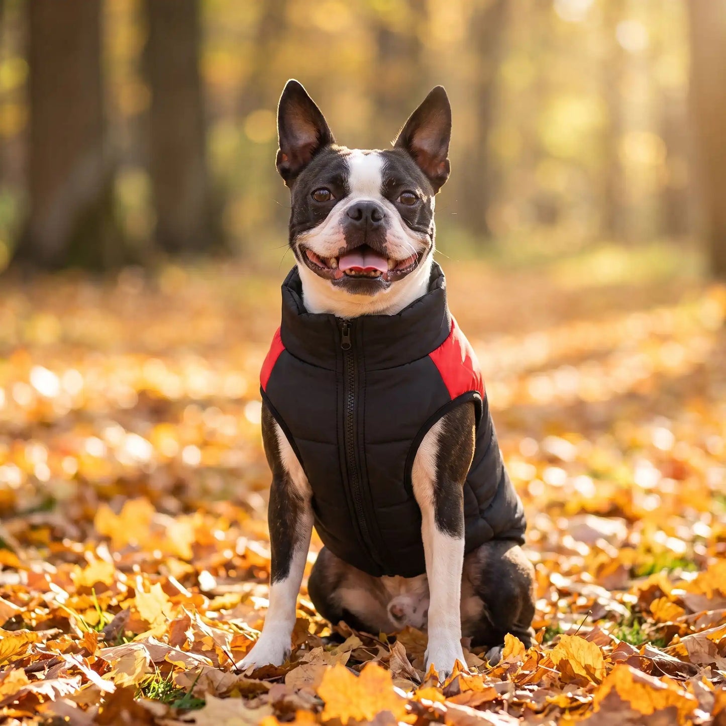Veste chaud avec harnais pour chien de couleur rouge et noir