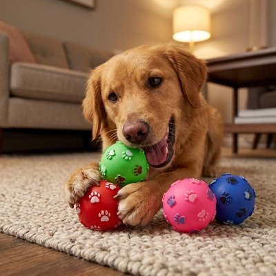 Balle pour Chien  Décoration avec des traces de pattes imprimées sur chaque balle pour un design ludique et thématique