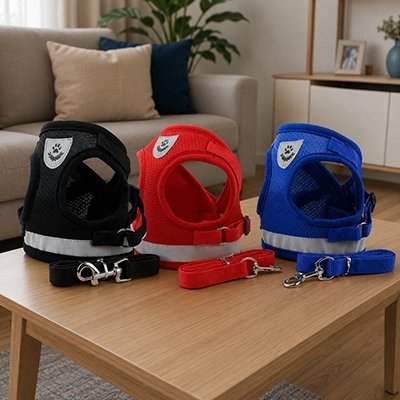 Harnais chien Disponible en trois coloris: rouge, bleu et noir avec laisse assortie incluse