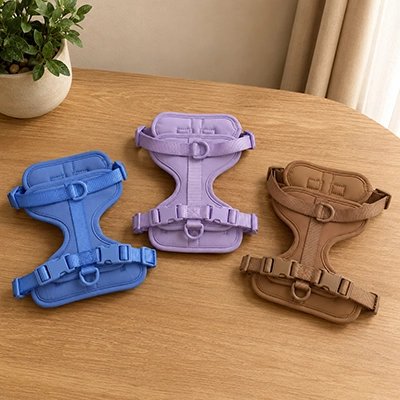 Harnais chien Gamme de couleurs variées incluant bleu, violet et marron 