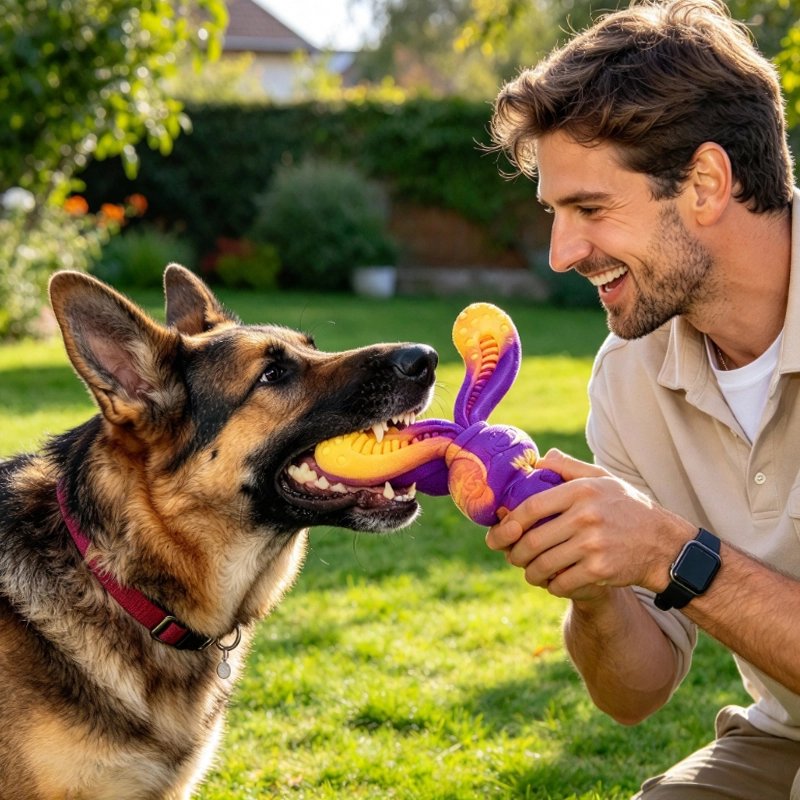 Jouet Chien dégradé violet et jaune facilitant le repérage du jouet au sol