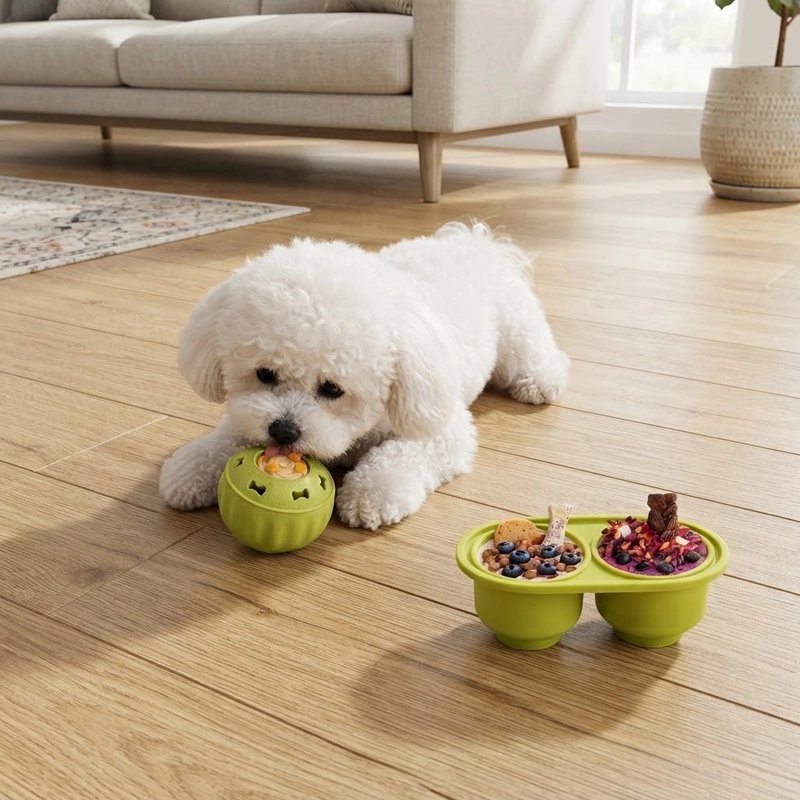 Jouet Chien double gamelle ovale associée boule distributrice amovible