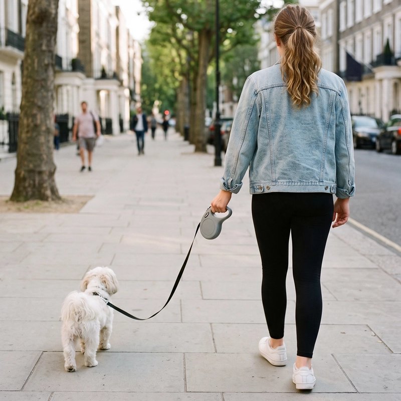 Laisse enrouleur  La forme arrondie avec grip antidérapant offre une prise en main confortable même lors de longues promenades