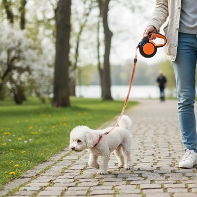 Laisse enrouleur pour chien système de blocage doigt permettant de fixer instantanément la longueur souhaitée du câble
