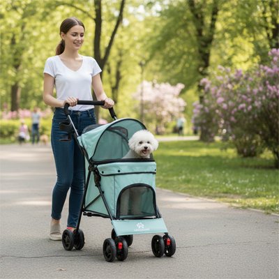 Poussette pour chien noir et turquoise pour s'adapter aux préférences esthétiques