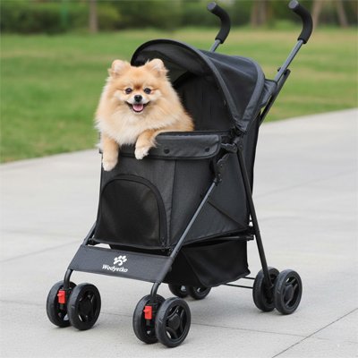 Poussette pour chien  six roues pivotantes assurant une maniabilité optimale sur tous types de surfaces