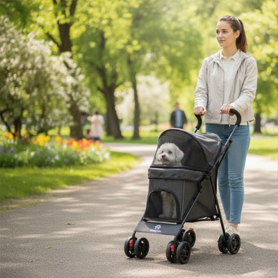Poussette pour chien système de fermeture facile empêchant les sorties inopinées