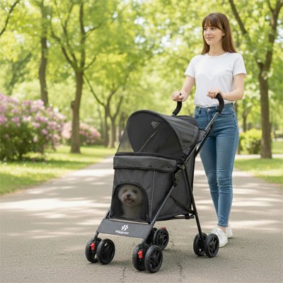 Poussette pour chien ventilation optimale permettant à l'animal de voir l'extérieur tout en restant protégé