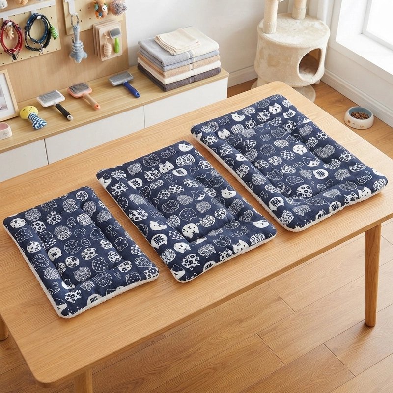 Tapis Chien design avec imprimés poissons en bleu marine et blanc, s'intègre harmonieusement dans l'intérieur